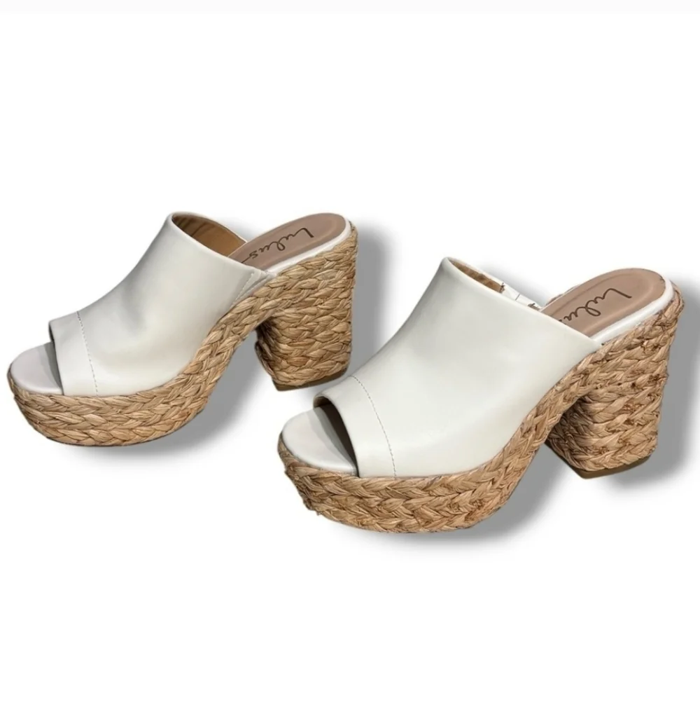 LULUS Ervyn White Raffia Platform Slide Sandals